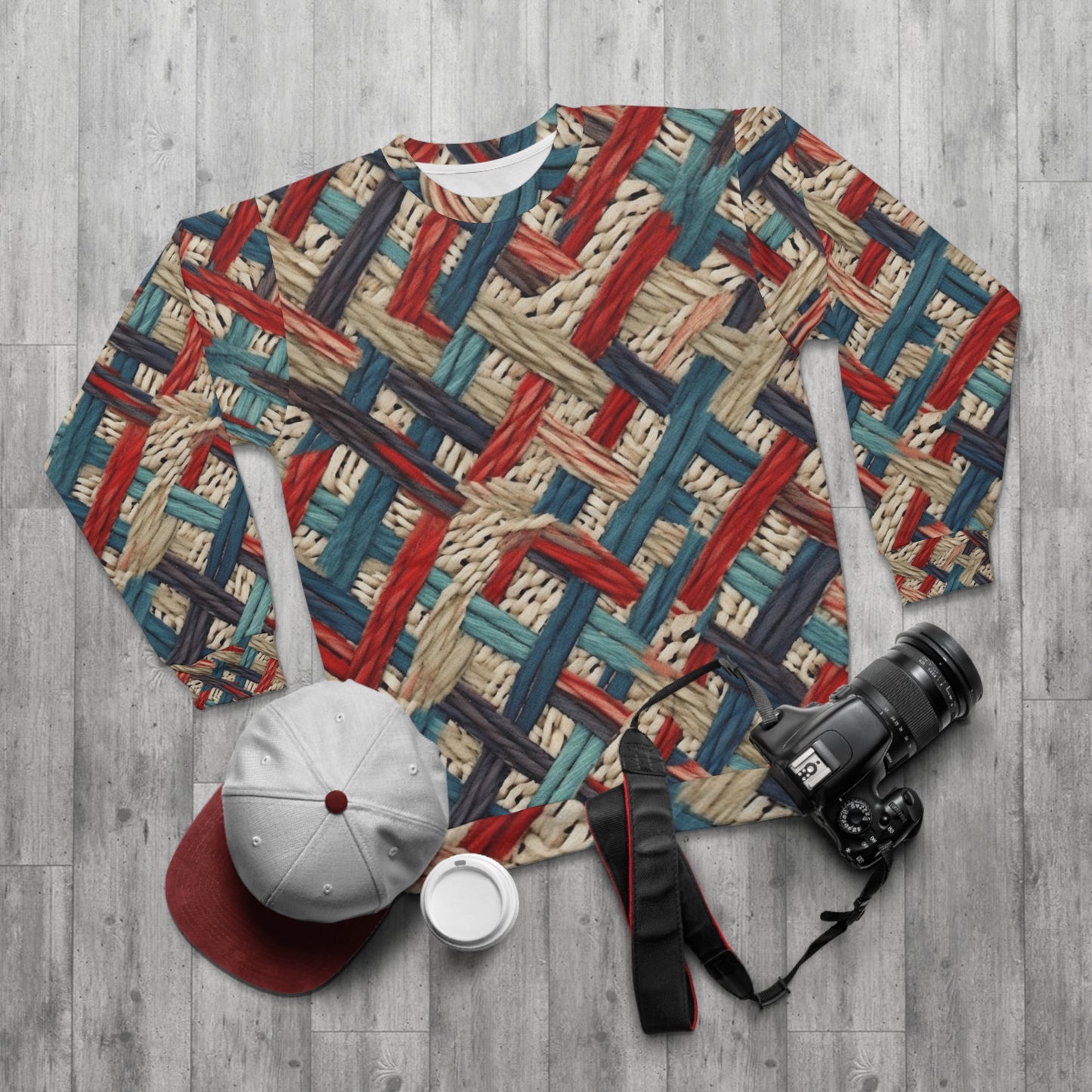 Colorful Yarn Knot: Denim-Inspired Fabric in Red, White, Light Blue - Unisex Sweatshirt (AOP)