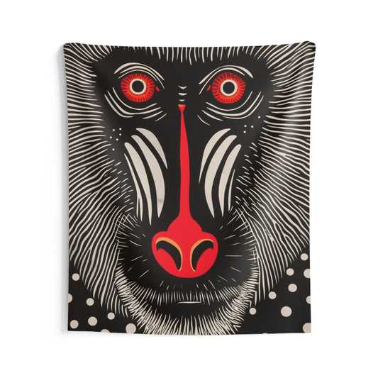 Red and Black Mandrill Monkey - Abstract Primate Face with Psychedelic Patterns - Indoor Wall Tapestries