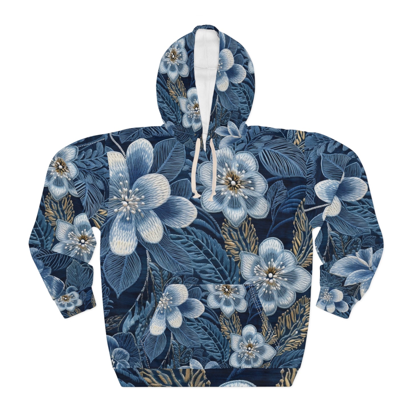 Flower Blossom Embroidery Floral on Denim Style - Unisex Pullover Hoodie (AOP)