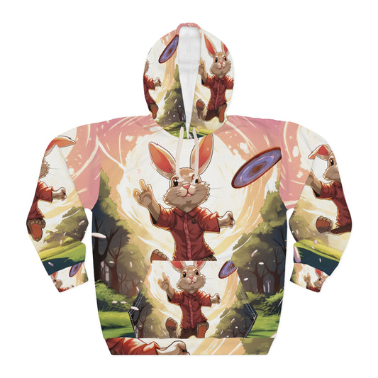 Disc Golf Rabbit: Bunny Aiming Frisbee for Basket Chain - Unisex Pullover Hoodie (AOP)