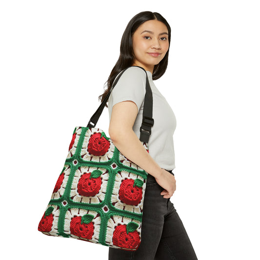 Apple Granny Square Crochet Pattern: Wild Fruit Tree, Delicious Red Design - Adjustable Tote Bag (AOP)