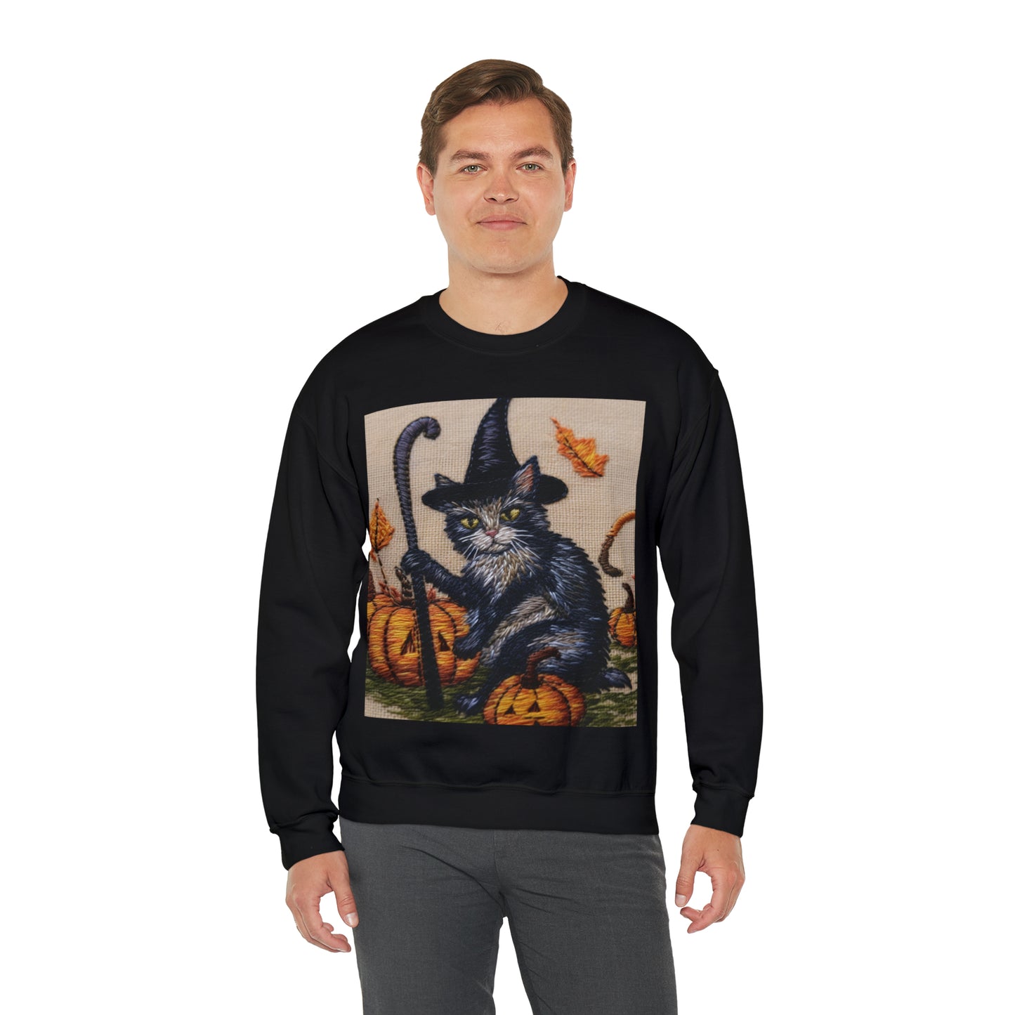 Halloween Cat Magic: Embroidered Style Feline with Pumpkins & Witch Hat - Unisex Heavy Blend™ Crewneck Sweatshirt