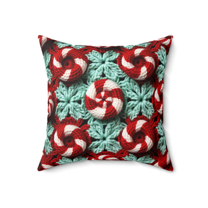 Christmas Crochet Candy Cane - Pepper Red Crystal White Holiday Pattern - Spun Polyester Square Pillow