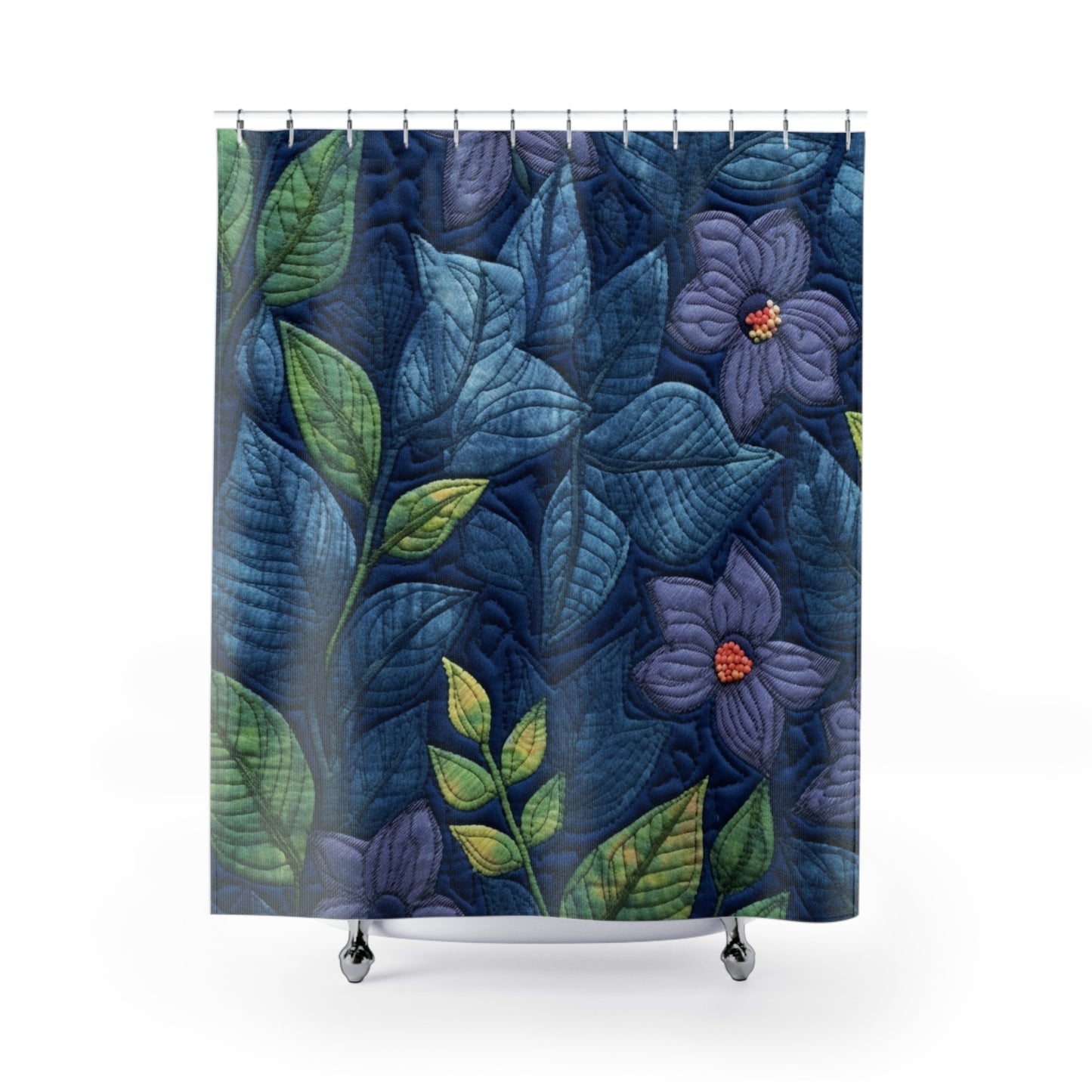 Floral Embroidery Blue: Denim-Inspired, Artisan-Crafted Flower Design - Shower Curtains