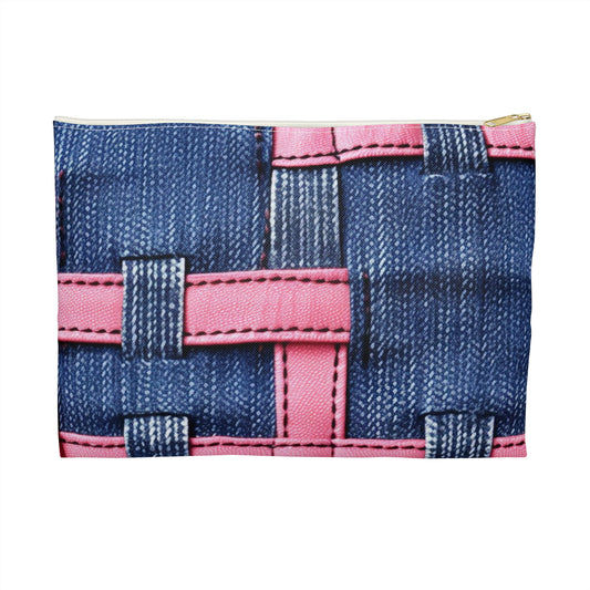 Candy-Striped Crossover: Pink Denim Ribbons Dancing on Blue Stage - Accessory Pouch