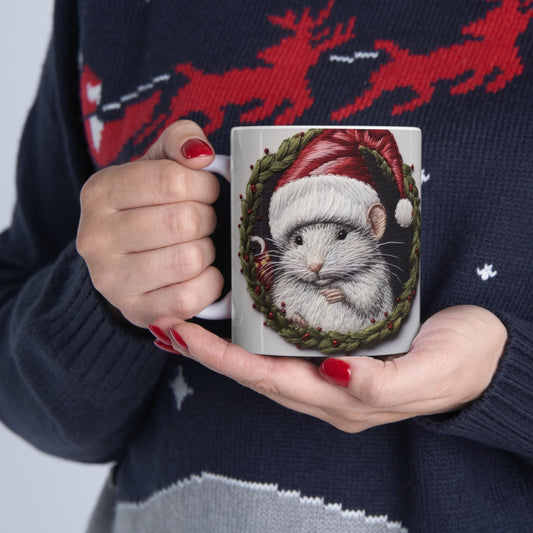 Christmas Mouse in Santa Hat, Festive Holiday Rodent, Winter Creature Design - Ceramic Mug 11oz
