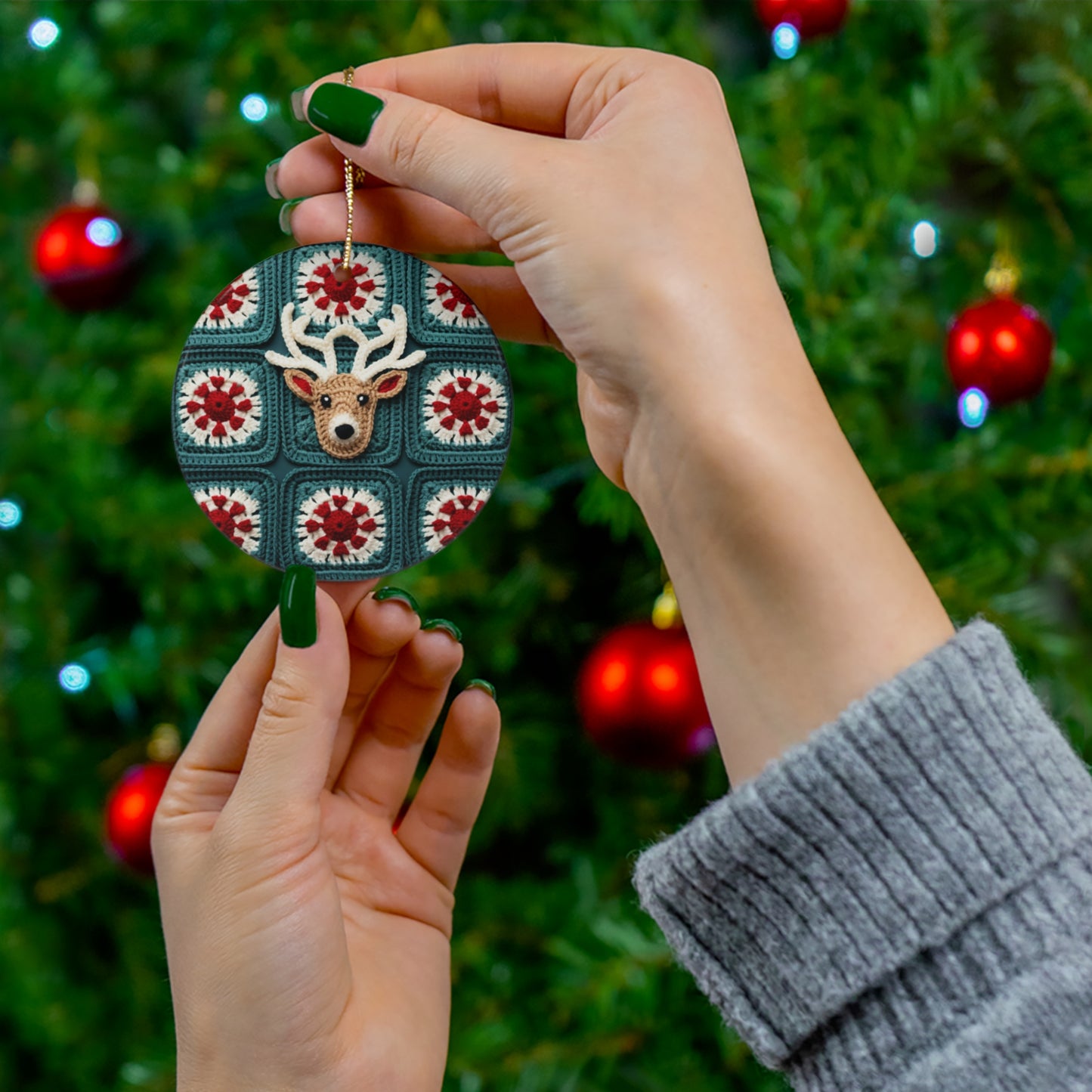 Christmas Reindeer Crochet, Wintry Wonderland Design, Festive Stag Motif. Embrace the Holiday Spirit - Ceramic Ornament, 4 Shapes