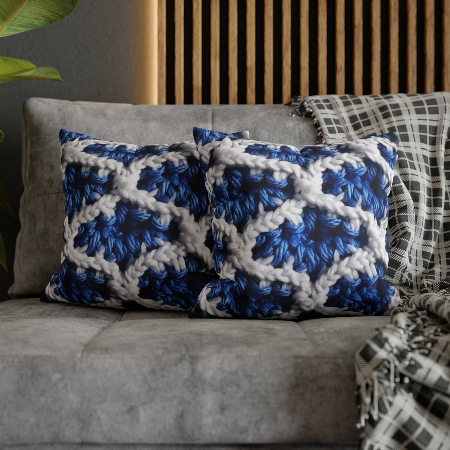 Blueberry Blue Crochet, White Accents, Classic Textured Pattern - Spun Polyester Square Pillow Case