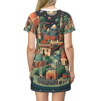 Galactic Metropolis Pattern, Sci-Fi Inspired - T-Shirt Dress (AOP)