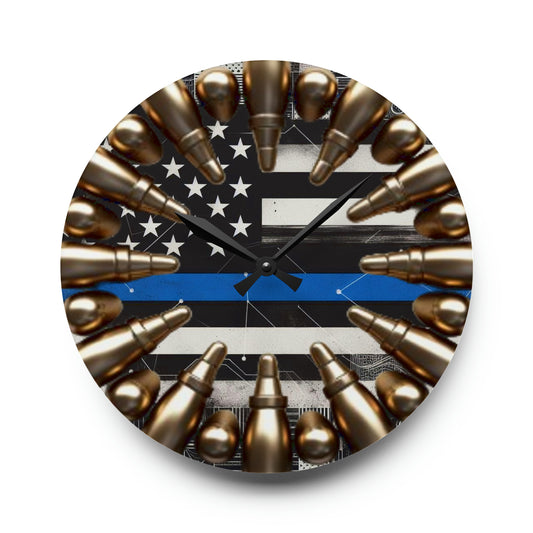 Hero Tribute Acrylic Wall Clock - Patriotic Service Emblem, Faux Ammo Design, American Flag Law Enforcement Timekeeper