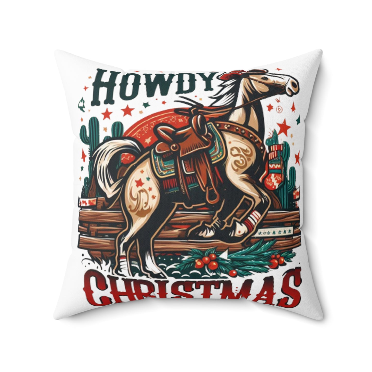 Desert Holiday Charm - Western Howdy Christmas with Festive Cactus and Galloping Horse - Spun Polyester Square Pillow