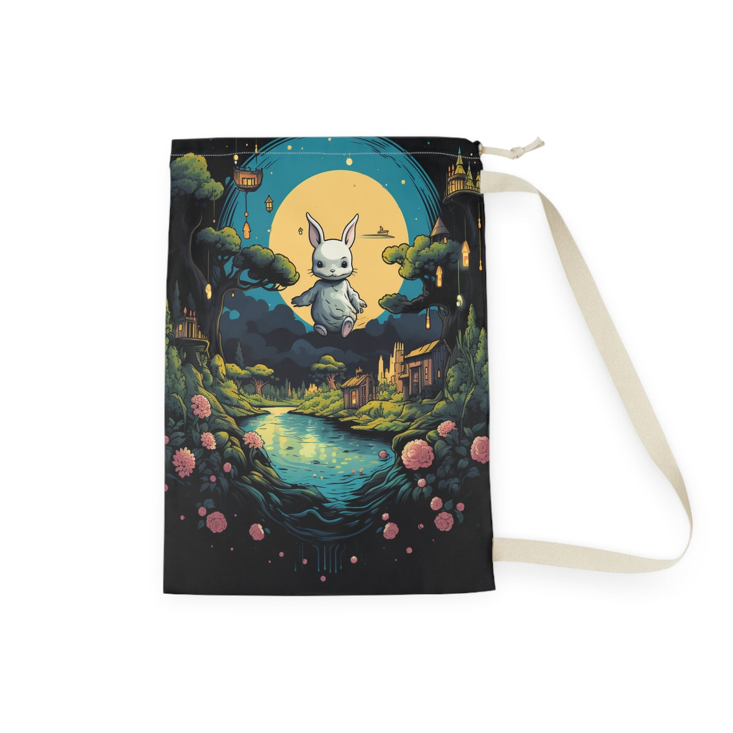 White Rabbit Mystery Psychedelic Fantasy Anime Cartoon Bunny - Laundry Bag