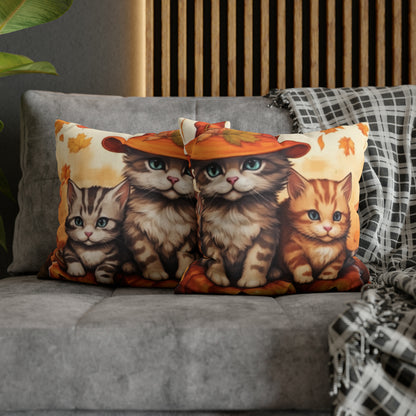 Kitty Cat Kittens Halloween - Cute Furries on Pumpkin - Festive Feline Decor - Spun Polyester Square Pillow Case