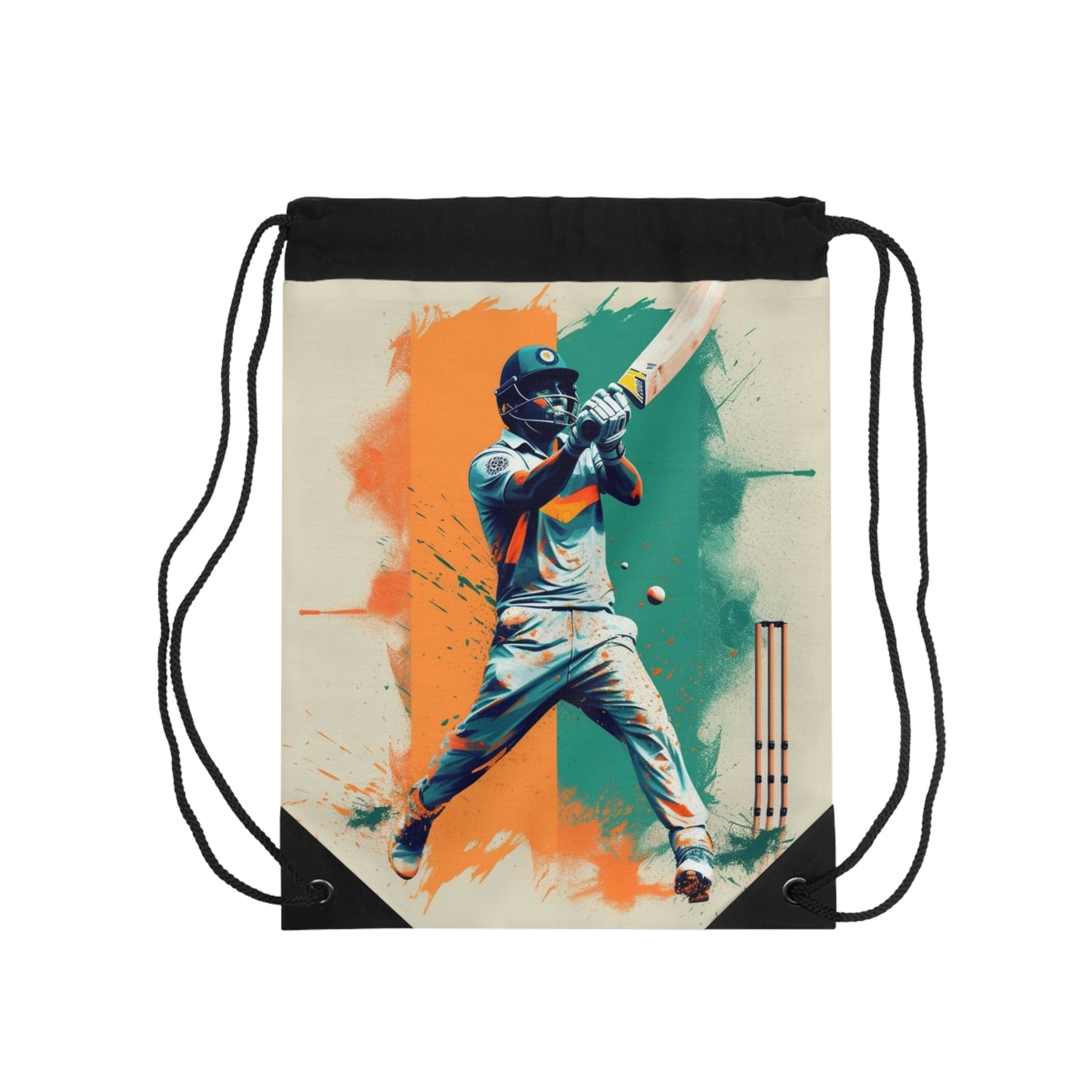 Cricket Batsman, Ball Strike, Indian Flag Color Background - Street Style - Drawstring Bag