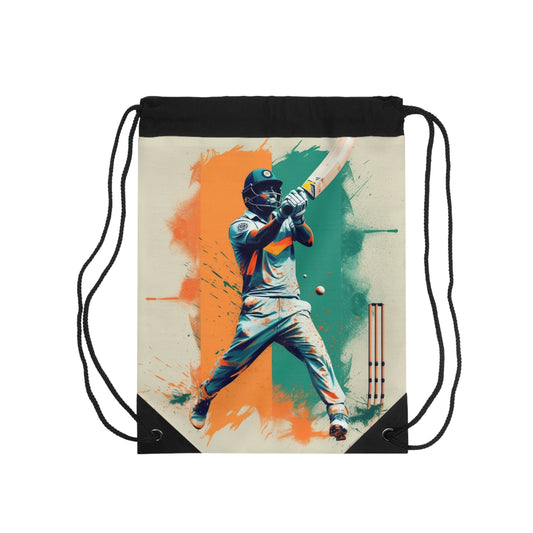 Cricket Batsman, Ball Strike, Indian Flag Color Background - Street Style - Drawstring Bag