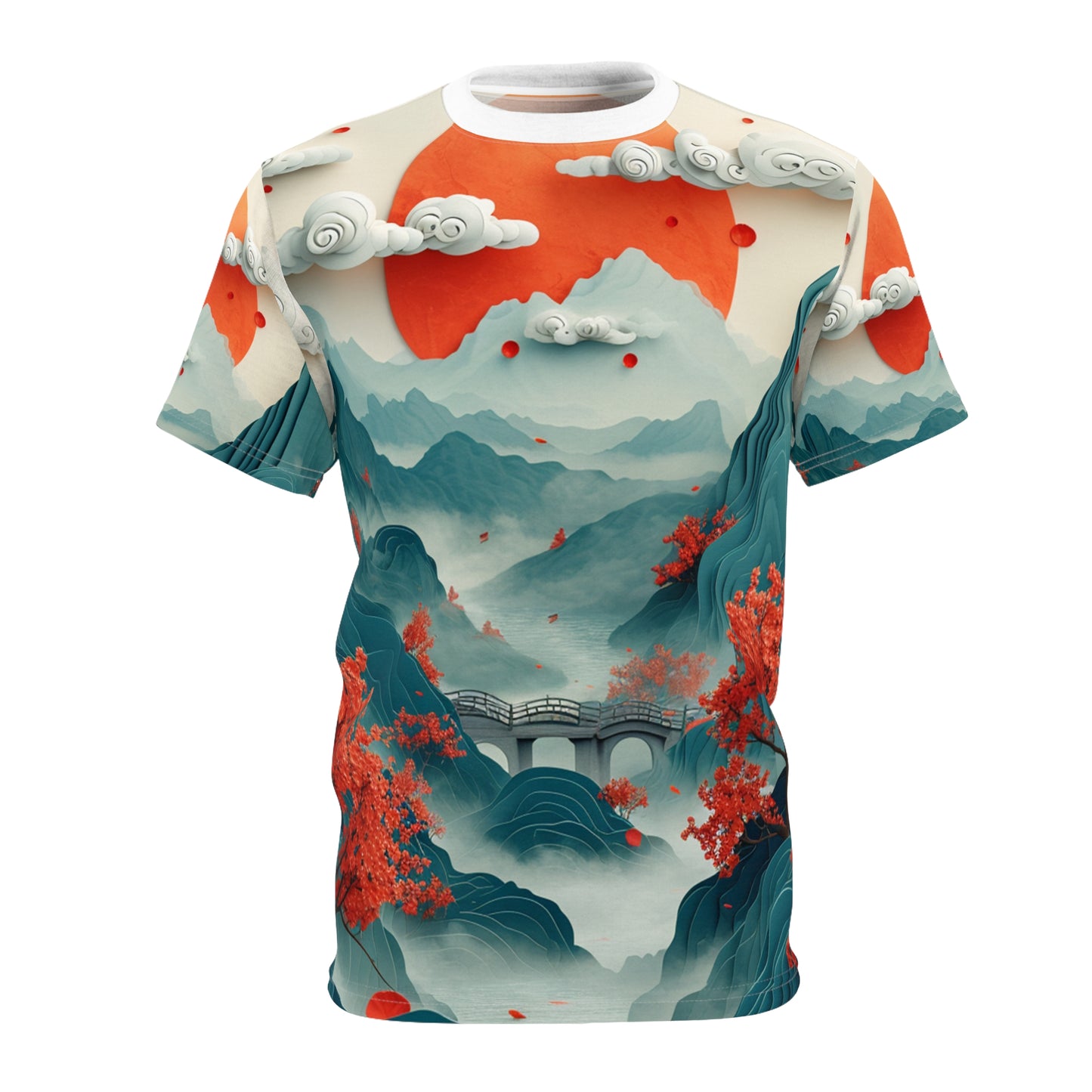 ペーパーアート、山、雲、木々、中国古代画風、ユニセックスカットソーTee（AOP）