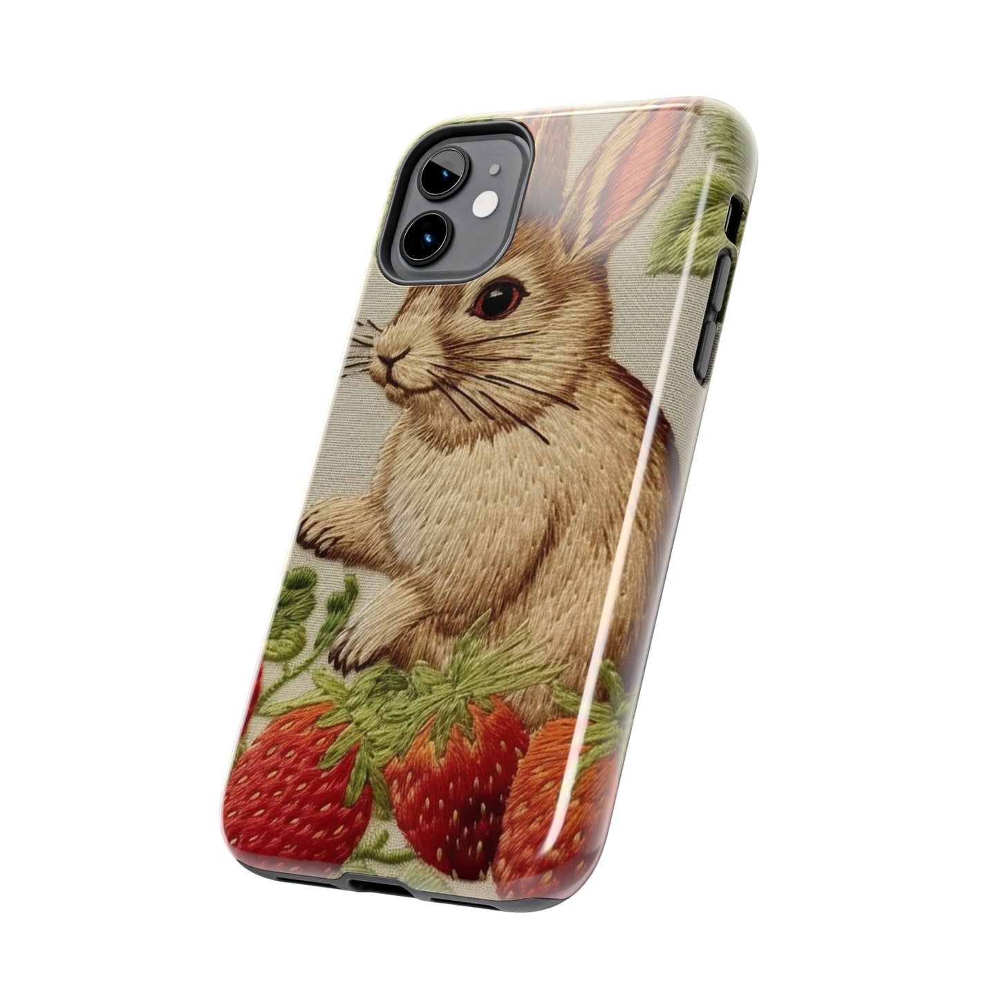 Strawberry Bunny Rabit - Embroidery Style - Strawberries Fruit Munchies - Easter Gift - Tough Phone Cases