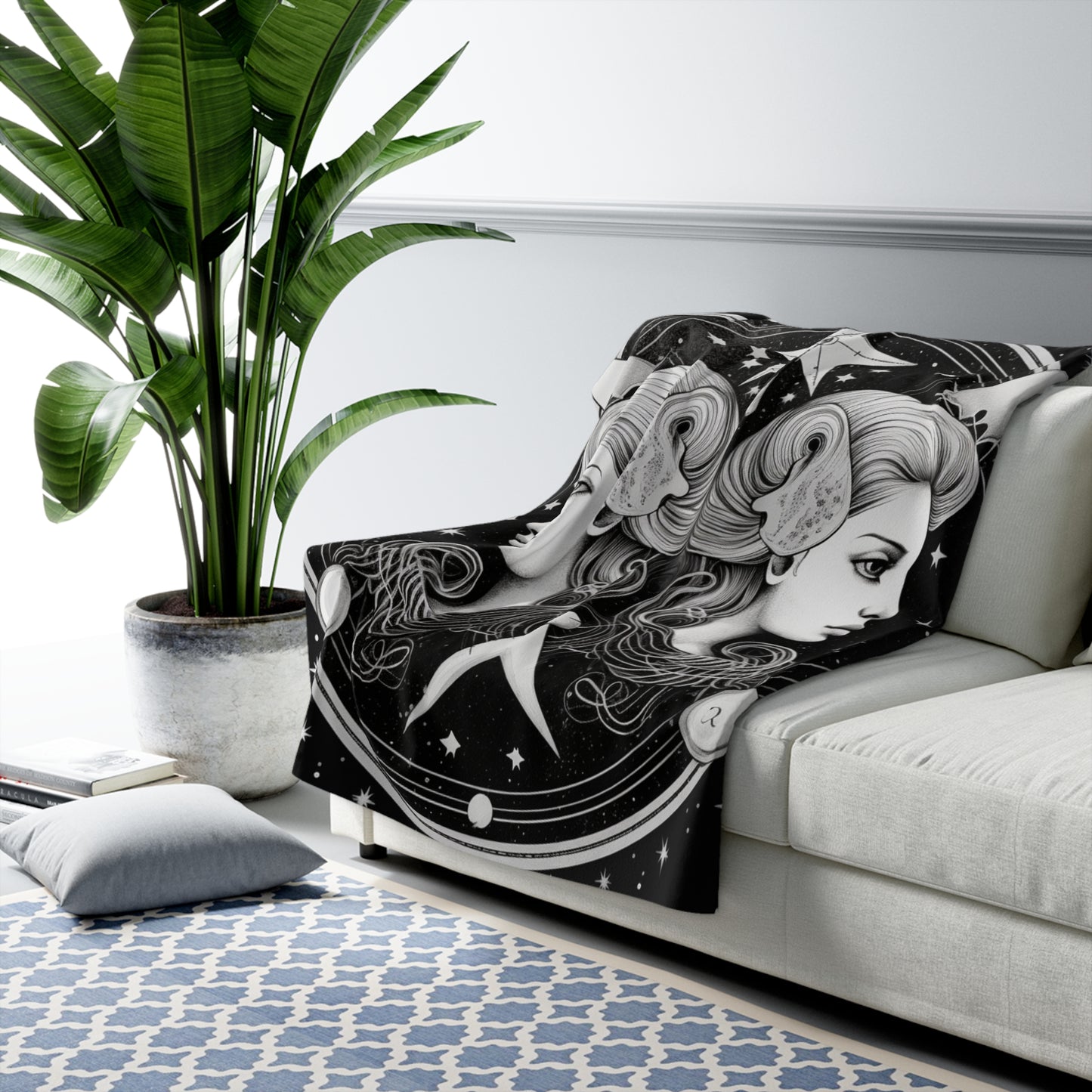 Gemini Sherpa Fleece Blanket, 100% Polyester, Black White Twins, One-Sided Print