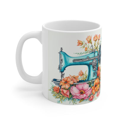 Aqua Blue Sewing Machine and Floral Watercolor Illustration, Artistic Craft - Ceramic Mug 11oz