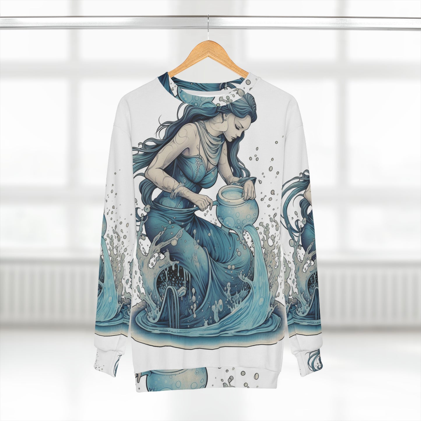 Aquarius Zodiac Symbol - Girl Pouring Water, Hand-Drawn Style - Unisex Sweatshirt (AOP)