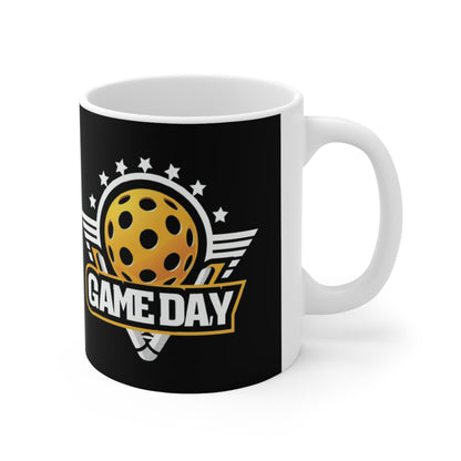 Stellar Pickleball Game Day Emblem with Stars and Winged Ball Design - Ceramic Mug 11oz