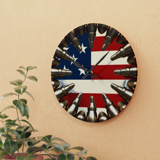 Freedom Rounds Acrylic Wall Clock - Faux Ammo Patriotic USA Flag Design, Americana Pride Decor, Stars & Stripes Homage Timepiece