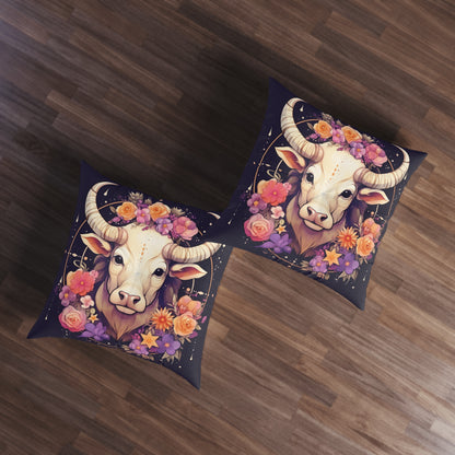 Taurus Zodiac Bull Flower Accents - 占星術のサイン - 房状フロアピロー、スクエア