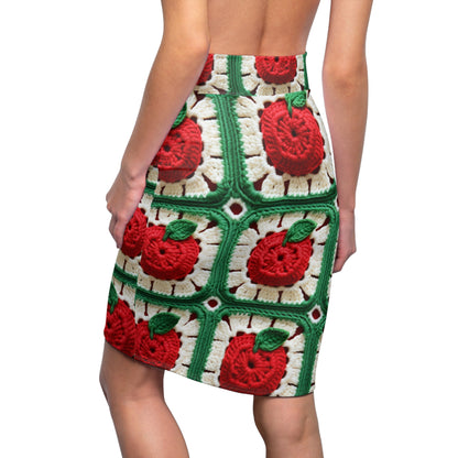 Apple Granny Square Crochet Pattern: Wild Fruit Tree, Delicious Red Design - Women's Pencil Skirt (AOP)