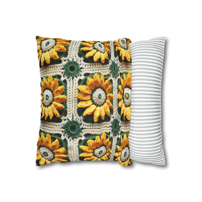 Sunflower Crochet Elegance, Granny Square Design, Radiant Floral Motif. Bring the Warmth of Sunflowers to Your Space - Spun Polyester Square Pillow Case