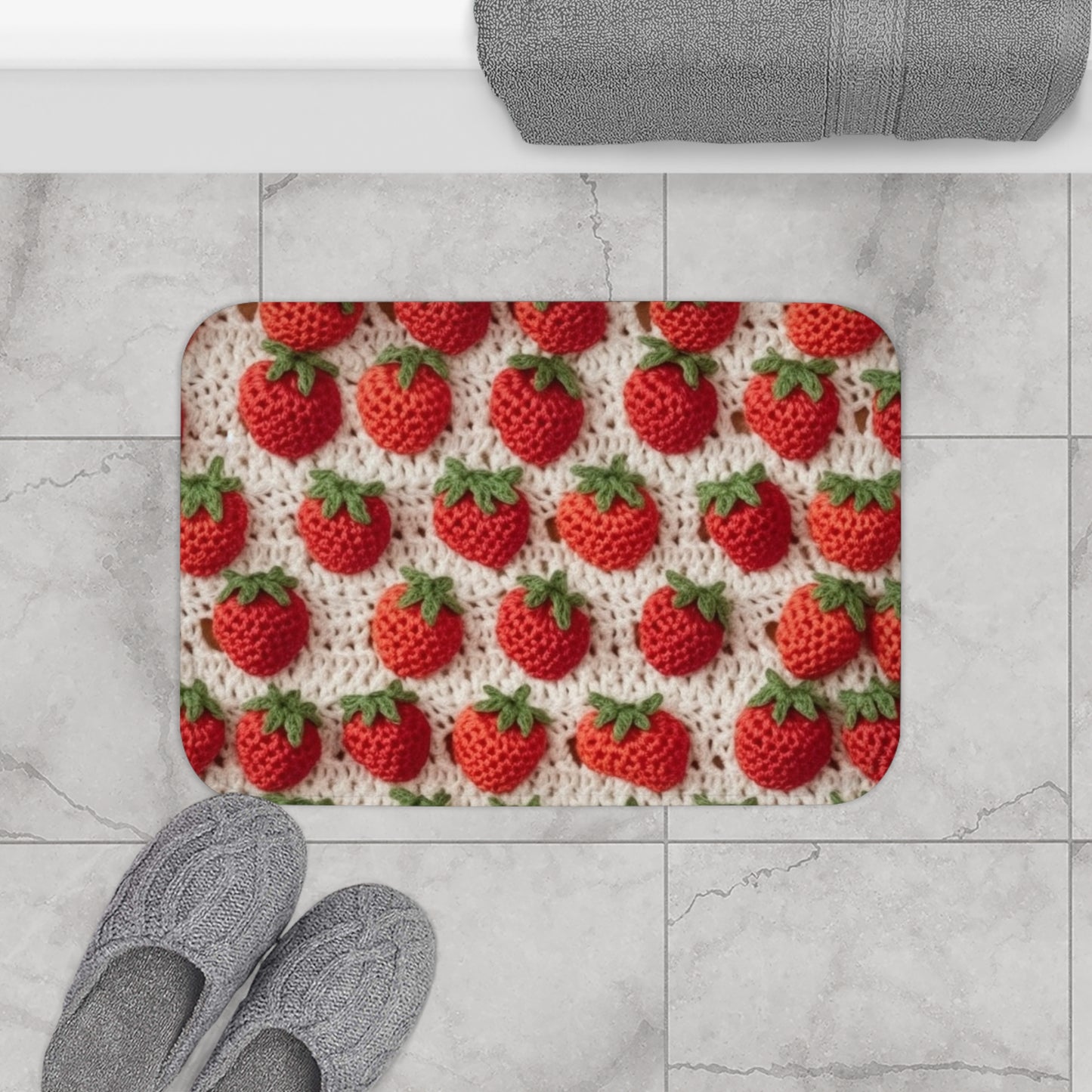 Fresa japonesa tradicional, artesanía de ganchillo, diseño de frutas, patrón de frutos rojos - Alfombra de baño