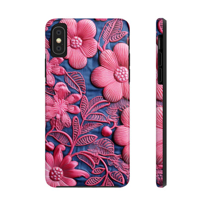 Denim Blue Doll Pink Floral Embroidery Style Fabric Flowers - Tough Phone Cases