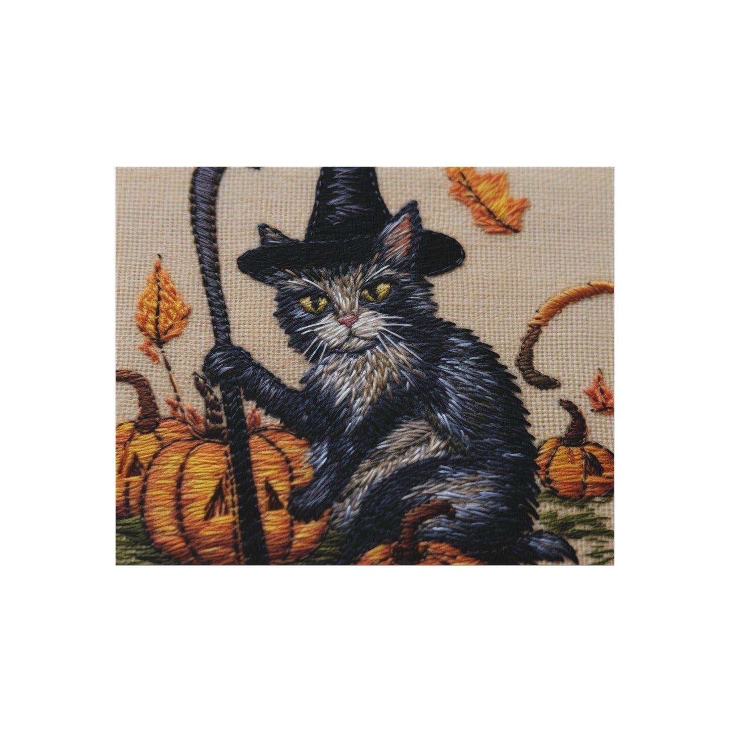 Halloween Cat Magic: Embroidered Style Feline with Pumpkins & Witch Hat - Outdoor Rug