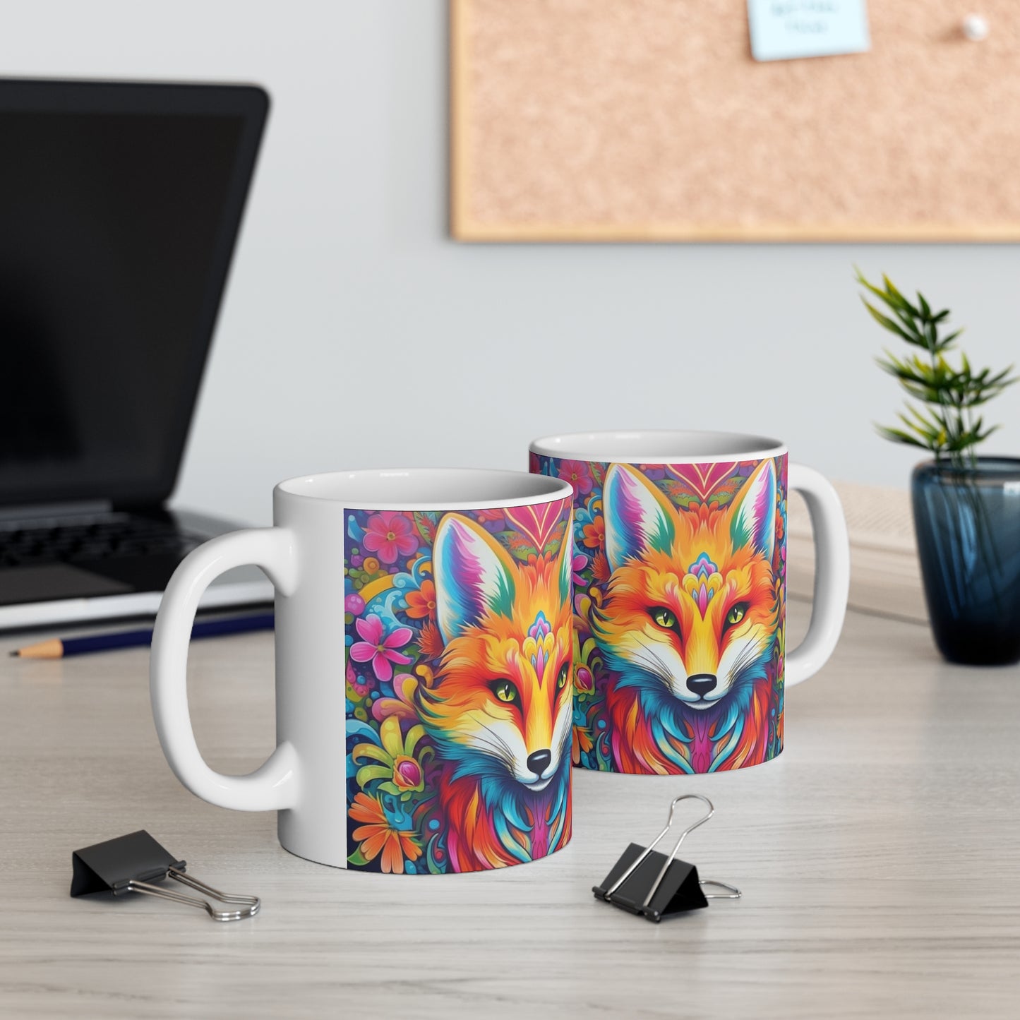 Diseño de zorro vibrante y colorido, animal único y llamativo - Taza de cerámica de 11 oz