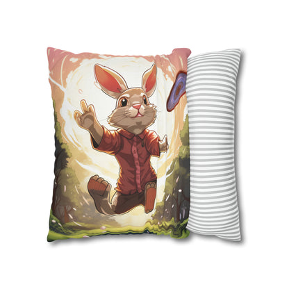 Disc Golf Rabbit: Bunny Aiming Frisbee for Basket Chain - Spun Polyester Square Pillow Case