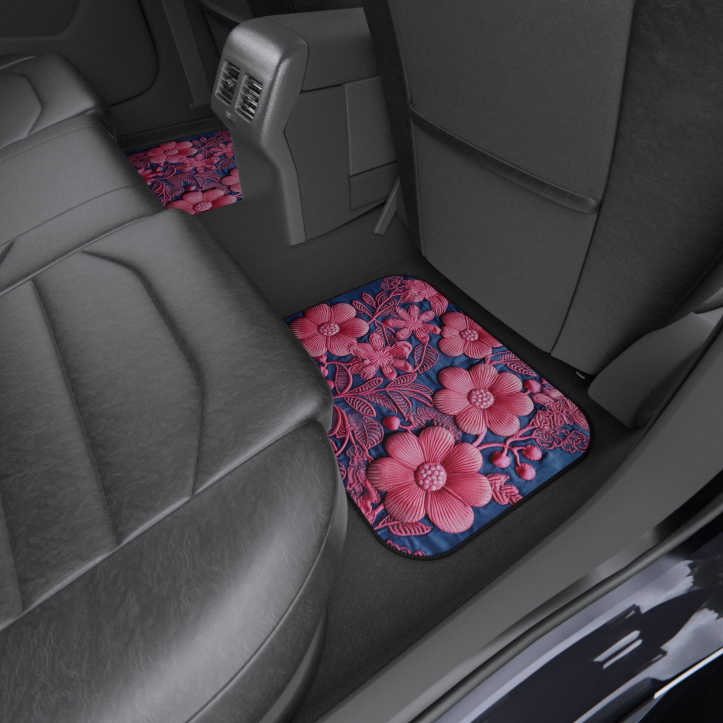 Denim Blue Doll Pink Floral Embroidery Style Fabric Flowers - Car Mats (Set of 4)