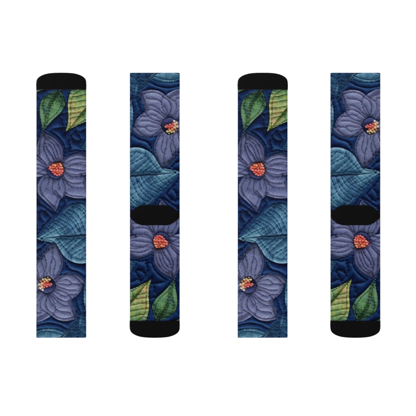 Floral Embroidery Blue: Denim-Inspired, Artisan-Crafted Flower Design - Sublimation Socks