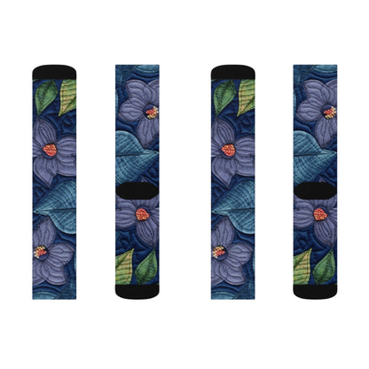 Floral Embroidery Blue: Denim-Inspired, Artisan-Crafted Flower Design - Sublimation Socks