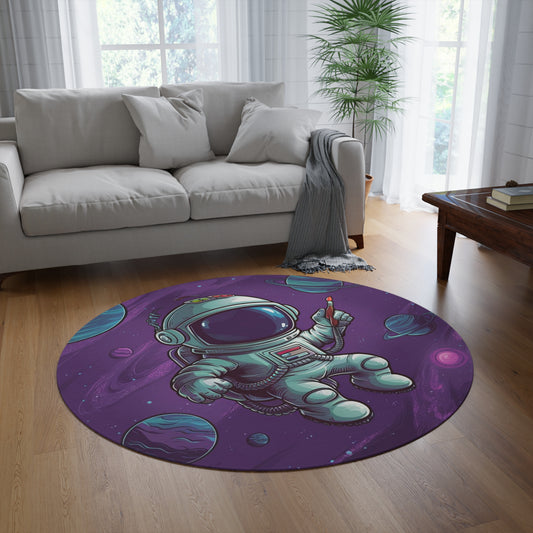 Galactic Astronaut Round Rug - Space Explorer Carpet, Cosmic Adventure Floor Decor, Sci-Fi Themed Area Rug, Cartoon Spaceman Mat