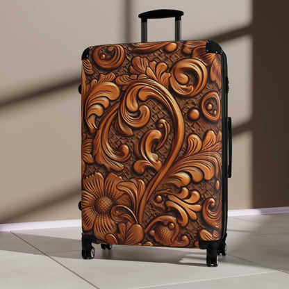 Leather Flower Cognac Classic Brown Timeless American Cowboy Design - Suitcase