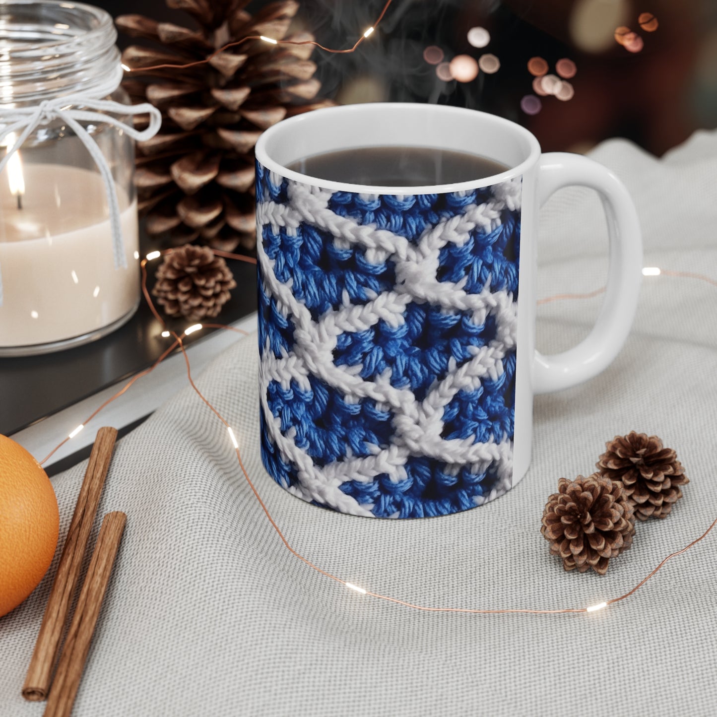 Blueberry Blue Crochet, White Accents, Classic Textured Pattern - Ceramic Mug 11oz