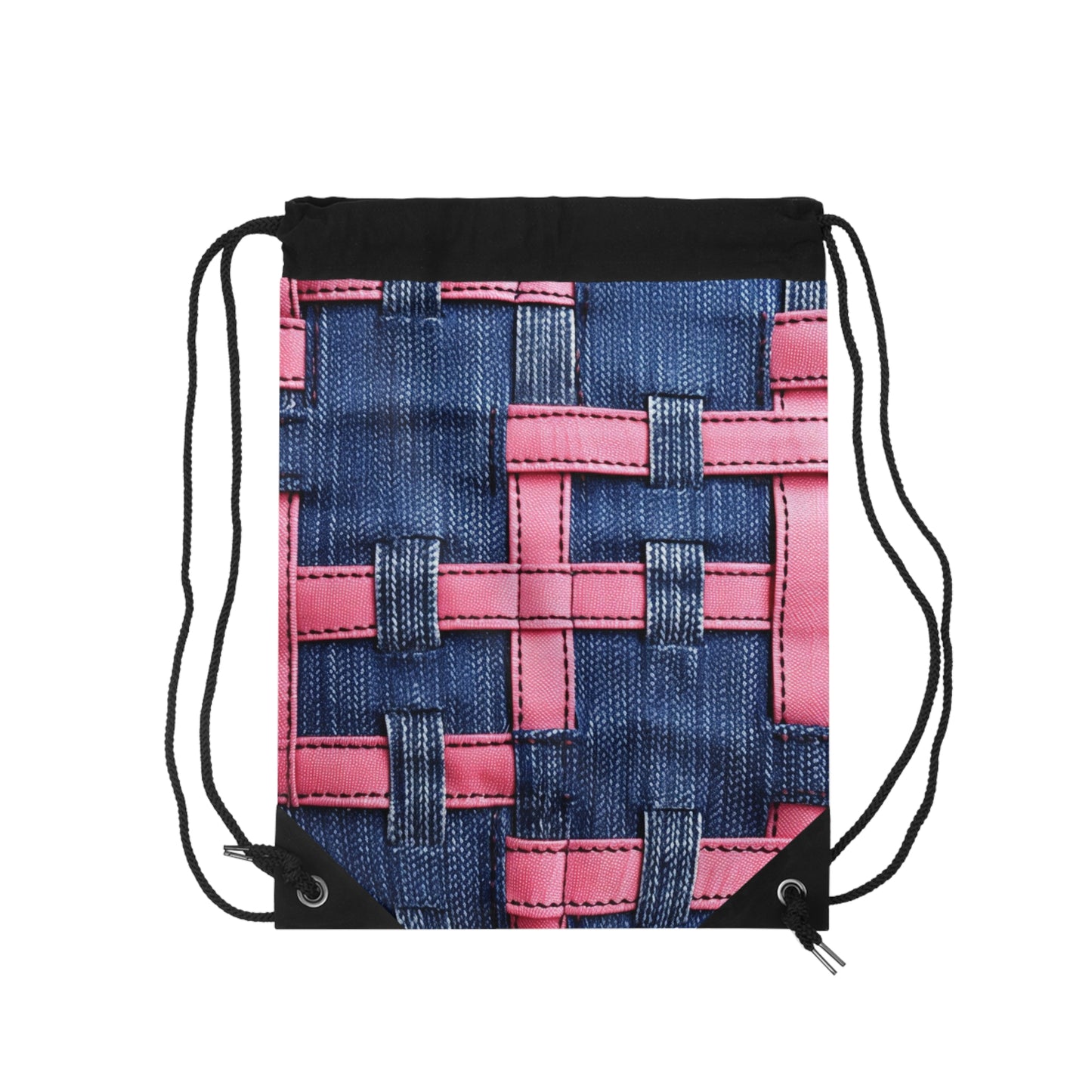 Candy-Striped Crossover: Pink Denim Ribbons Dancing on Blue Stage - Drawstring Bag