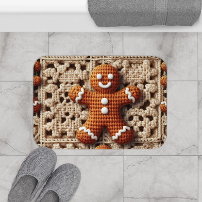 Rustic Gingerbread Delights: Christmas Crochet Gingerbread Men on Classic Beige Granny Squares - Bath Mat