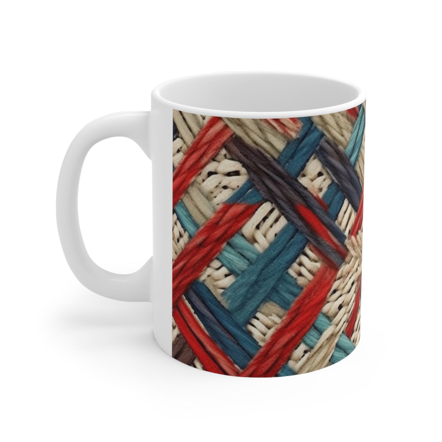 Colorful Yarn Knot: Denim-Inspired Fabric in Red, White, Light Blue - Ceramic Mug 11oz