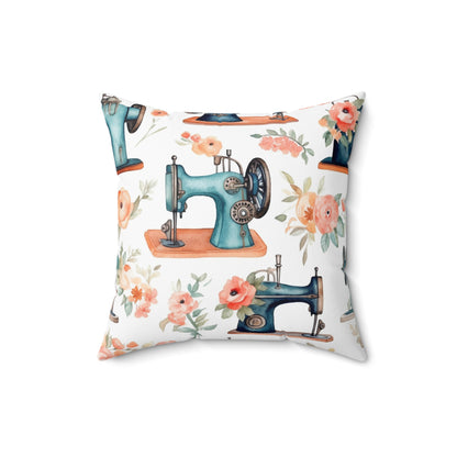 Watercolor Sewing Machines & Floral Bouquets: Antique Feminine Minimalist Styling - Spun Polyester Square Pillow