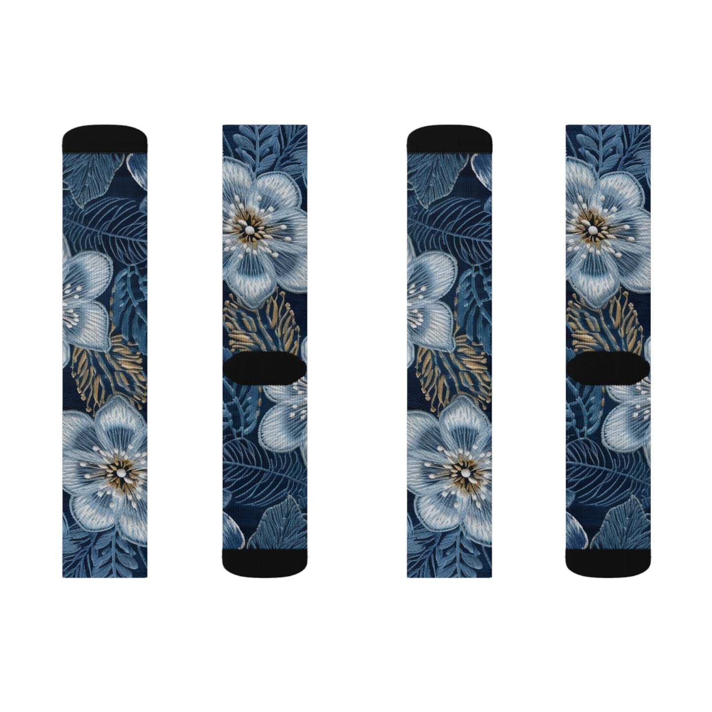 Flower Blossom Embroidery Floral on Denim Style - Sublimation Socks