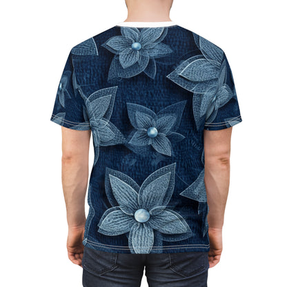 Hawaiian Flower Design - Denim-Inspired Decor Piece - Unisex Cut & Sew Tee (AOP)
