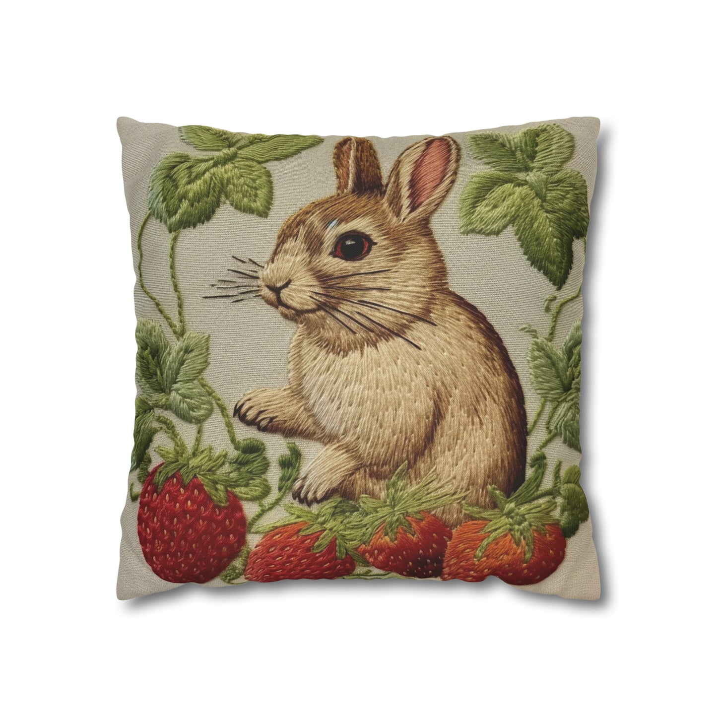 Strawberry Bunny Rabit - Embroidery Style - Strawberries Fruit Munchies - Easter Gift - Spun Polyester Square Pillow Case