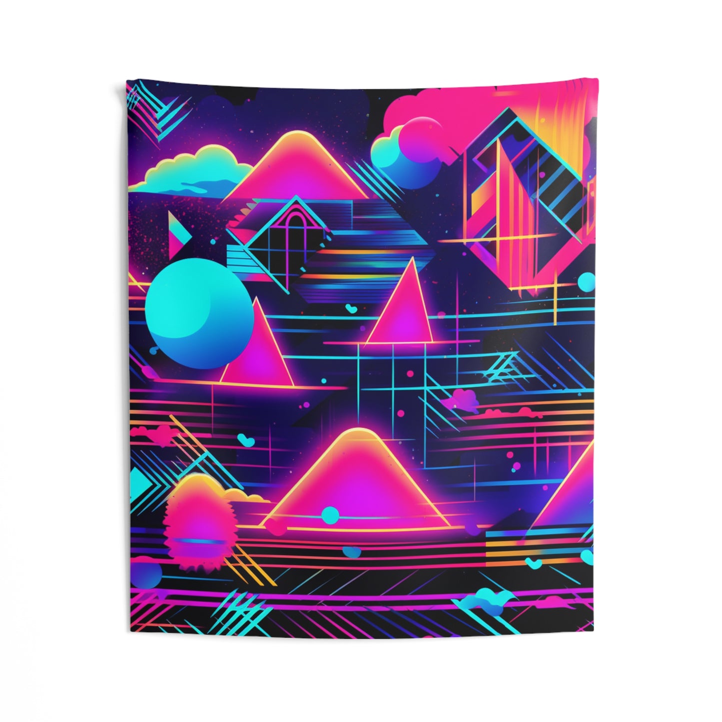 Tapices de pared para interiores con diseño de patrones inspirados en el estilo retrofuturista de Synthwave de los años 80