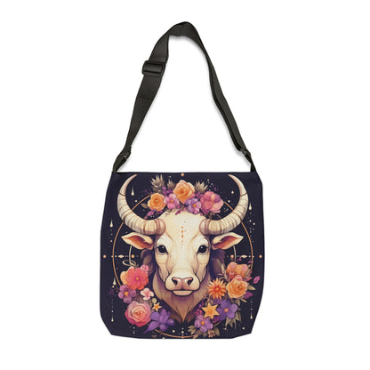 Taurus Zodiac Bull Flower Accents - Astrology Sign - Adjustable Tote Bag (AOP)