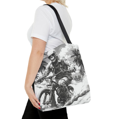 Biker Skeleton Wearing Sunglasses, Riding Sunset Boulevard in California Motorcycle, Tote Bag (AOP)